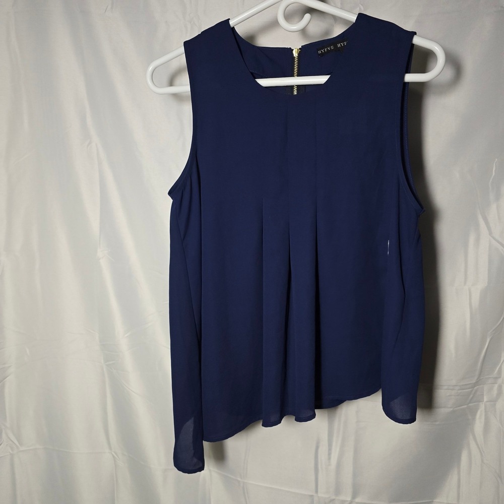 HYFVE Buckle womens Blue Asymmetrical Sleeveless Blouse Gold Back Zip Medium NWT